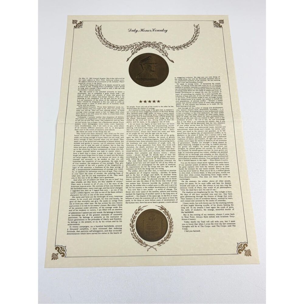 General Douglas MacArthur Historic Speech Duty, Honor, Country w Foundation Seal